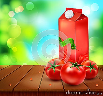 Vector pack of tomato juice with tomato standing on a wooden tab Vector Illustration