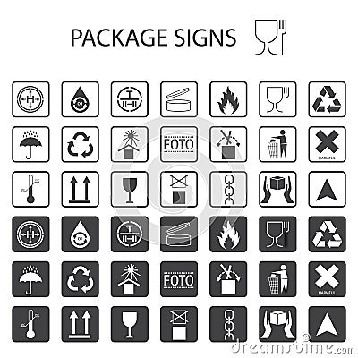 Vector packaging symbols on white background. Shipping icon set including recycling, fragile, the shelf life of the product, flamm Vector Illustration