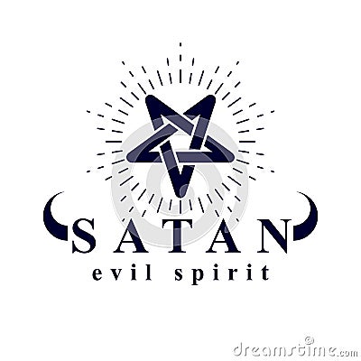 Vector pagan symbol, pentacle created with Satan inscription. De Vector Illustration