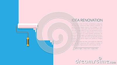 Vector of paint roller painting pink color on blue empty wall house. creative home repair and painting concept, logo design poster Vector Illustration