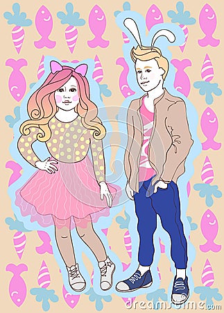 Vector pair of children a girl cat and bunny boy Vector Illustration