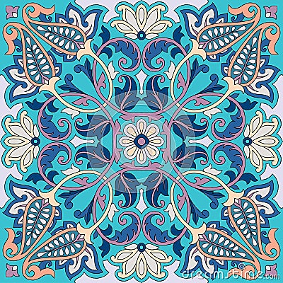 Vector paisley kerchief ornament print. Silk headscarf, pillow, interior decor square pattern design, oriental style Vector Illustration