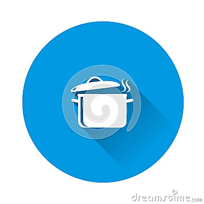 Vector pan icon with steam. Cooking symbol on blue background. Flat image with long shadow Vector Illustration