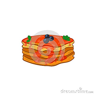 Vector pancakes, cartoon illutration, red pouring, sweet pancake isolated on white background. Vector Illustration