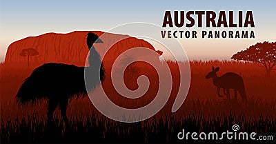 Vector panorama of Australia with ostrich Emu and kangaroo Vector Illustration