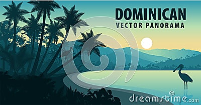 Vector panorama of Dominican Republic with beach and spoonbill Vector Illustration