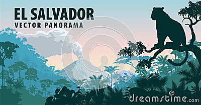 Vector panorama of El Salvador with jungle raimforest and jaguar Vector Illustration