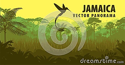 Vector panorama of Jamaica with jungle and hummingbird Vector Illustration