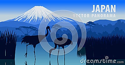 Vector panorama of Japan with mountain Fuji and crane on Kawaguchiko lake Vector Illustration