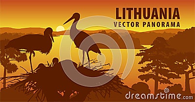 Vector panorama of Lithuania with family of storks in the nest Vector Illustration