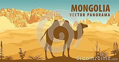 Vector panorama of Mongolia with bactrian camel in desert Vector Illustration