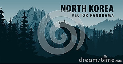 Vector panorama of North Korea with mountain Chilbosan and lynx in woodland Vector Illustration