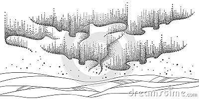 Vector panorama of Polar sky with northern or polar light in black isolated on white background. Night landscape with swirls. Vector Illustration