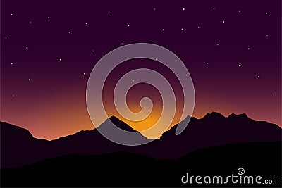Vector panoramic illustration of sunrise over mountain landscape with dramatic purple sky Vector Illustration