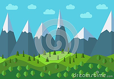 Vector panoramic mountain cartoon landscape. Natural landscape in the flat style with blue sky, clouds, trees, hills and mountains Vector Illustration