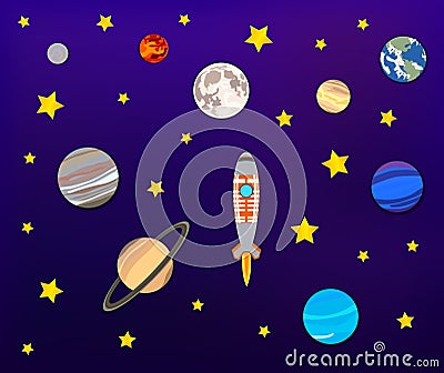 Vector Paper Art: Space Adventure, Planets, Moon, Stars and Rocket. Vector Illustration