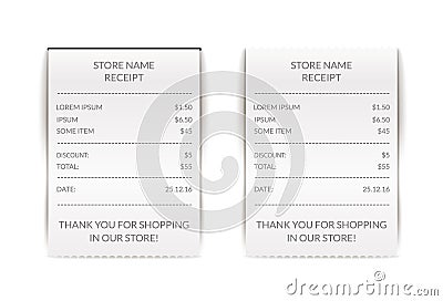 Vector paper atm check illustration. Financial receipt bill. Cafe or restaurant payment sign. Document list Vector Illustration