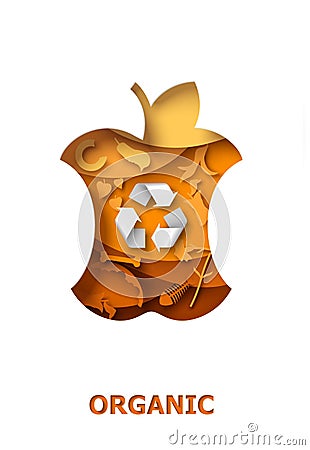 Vector paper cut bitten apple with organic food waste and recycle symbol. Composting, reuse of biodegradable waste. Vector Illustration