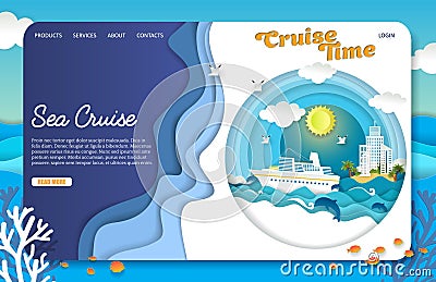 Vector paper cut sea cruise landing page website template Vector Illustration