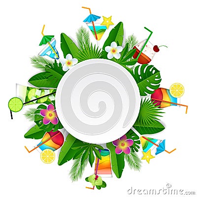 Vector paper cut tropical cocktail round frame Vector Illustration