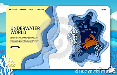 Vector paper cut underwater world landing page website template Vector Illustration