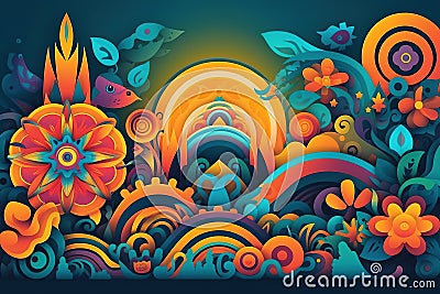 Vector paper cutout psychedelic colorful illustration. Concept peace and love sixties Cartoon Illustration