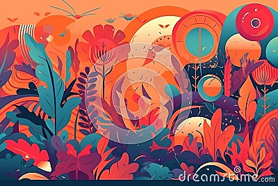 Vector paper cutout psychedelic colorful illustration. Concept peace and love sixties Cartoon Illustration