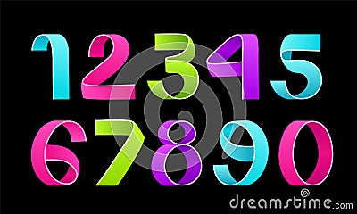 Vector of paper folding numbers. Color Ribbon script font. Vector Illustration