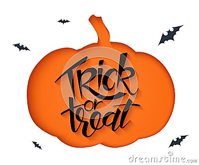 Vector paper sheet with clipped pumpkin silhouette and hand lettering halloween greetings quote - trick or treat Vector Illustration