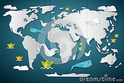 Vector Paper World Map with Fish Vector Illustration