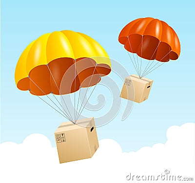 Air shipping concept with parachute. Package, presents or gift flying down from sky with parachute in flat design Vector Illustration