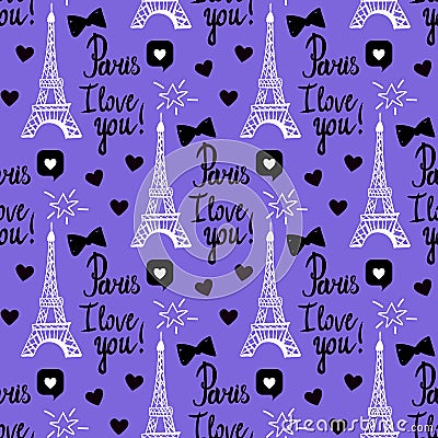 Vector Paris I love you seamless pattern. Hand drawing black set of Eiffel tower, inscriptions lettering. Vector Illustration