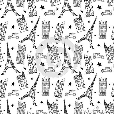 Vector Paris Streets Black White Drawing Seamless Pattern with Eifel Tower, houses, cars and stars. nn Vector Illustration