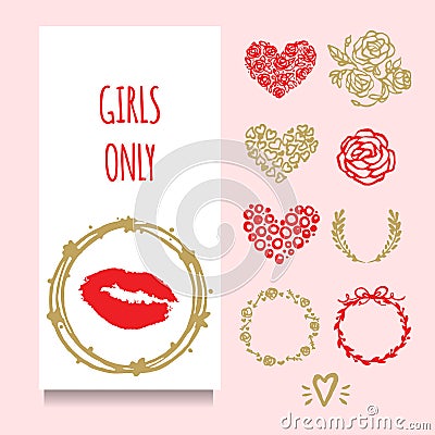 Vector party greeting or invintation card with red lipstic stamp in golden wreath. Set of decorative elements: hand drawn frames, Stock Photo