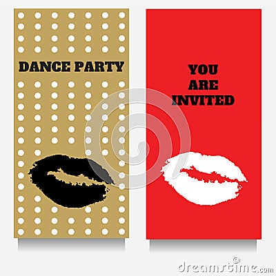 Vector party greeting or invintation cards set with lipstic stamp. Vector Illustration