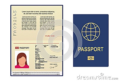 Vector passport template. Open page of visa document with personal photo. International passport icon for legal immigration. Vector Illustration