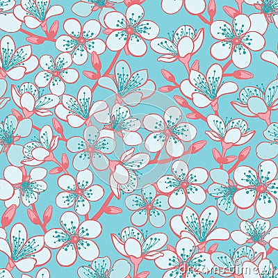 Vector pastel cyan background with light blue cherry blossom sakura flowers and red stems seamless pattern background Stock Photo