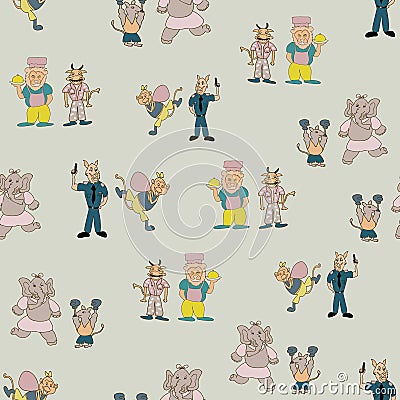 Vector pastel green fun anthromorph cartoon characters in pair seamless pattern background Vector Illustration