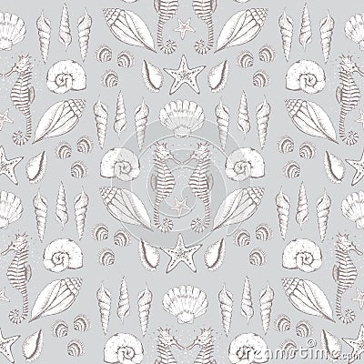 Vector pastel seashells seahorses texture background seamless pattern print Stock Photo
