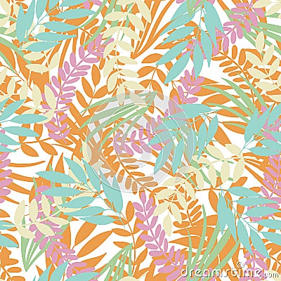 Vector pastel tropical leaves on white background. Wild jungle foliage. Vector Illustration