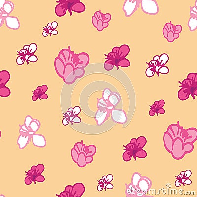 Vector pastel yellow background pink, purple white magnolia flowers, liberty, Seamless pattern background Stock Photo