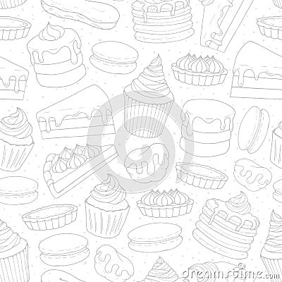 Vector pastry repeat pattern with cakes, pies, muffins, pancakes Vector Illustration