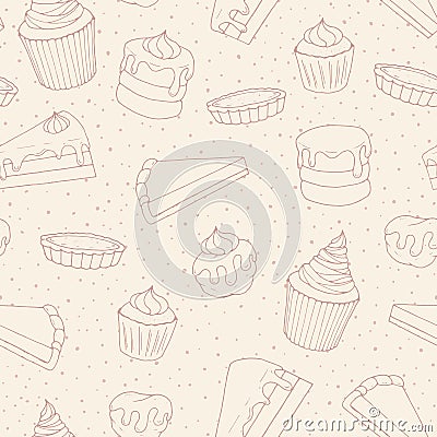 Vector pastry seamless pattern with cakes, pies, muffins and eclairs outline. Hand drawn sweet bakery products in sketchy style o Vector Illustration