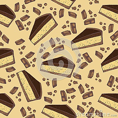 Vector pastry seamless pattern with cakes, pies, tarts,cheesecake with chocolate topping. Vector Illustration