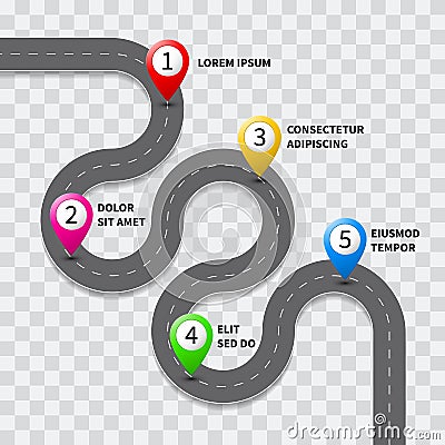 Vector pathway road map with GPS route pin icon Vector Illustration