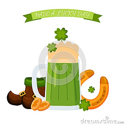 Vector Patrick's day golden coins, beer mug, horseshoe and four-leaf clover, leprechaun boots isolated on white Vector Illustration