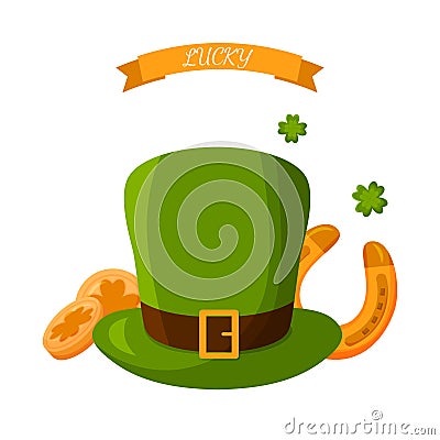 Vector Patrick's day green hat, golden coins, horseshoe and four-leaf clover isolated on white background. Clip art Vector Illustration