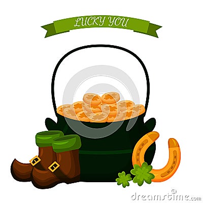 Vector Patrick's day pot with golden coins, horseshoe and four-leaf clover, leprechaun boots isolated on white Vector Illustration