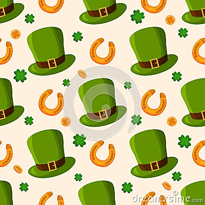 Vector Patrick's Day Seamless Pattern in cartoon style. Clover leaves, golden coins and patricks symbols on pastel Vector Illustration