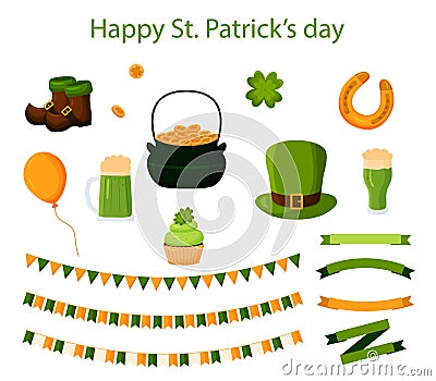 Vector Patrick's Day collection. Set of Irish flags, beer mugs, clover, leprechaun green hat, pot of gold coins Vector Illustration